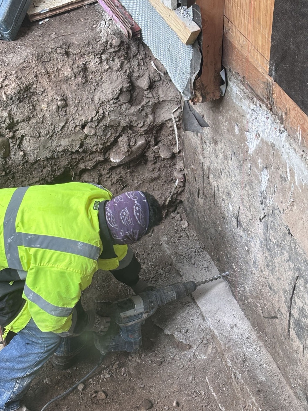 Drilling dowels at the foundation underpin