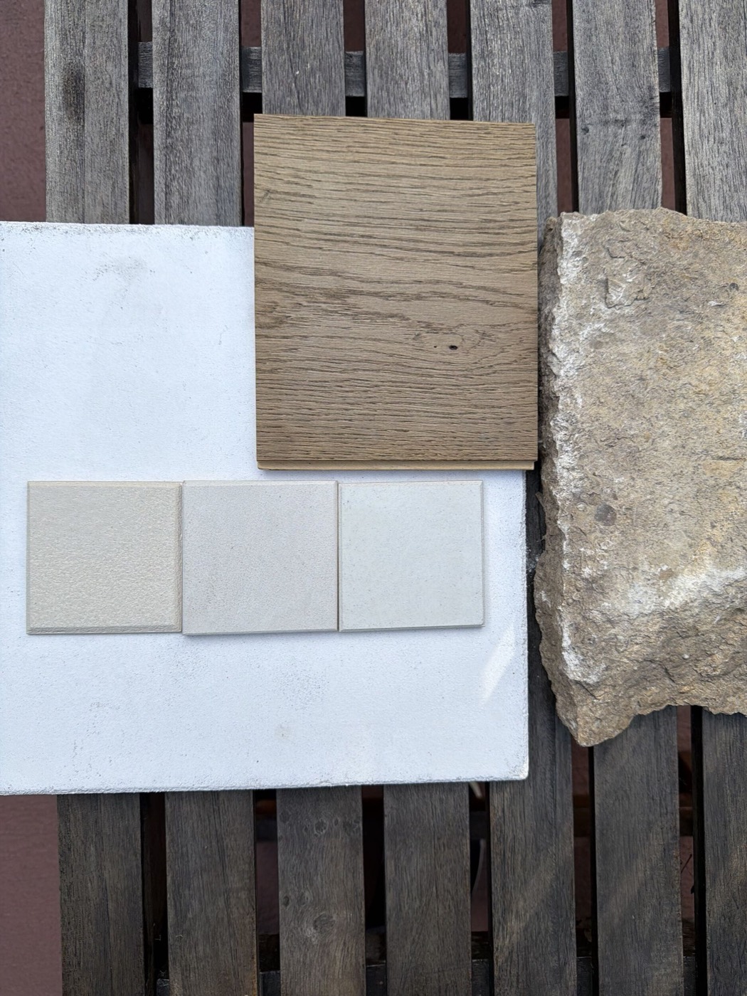 Finish material samples — oak, tile, stone